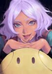  1girl dark-skinned_female dark_skin green_eyes gundam gundam_suisei_no_majo haro highres interlocked_fingers looking_at_viewer non-humanoid_robot open_mouth phamoz purple_hair robot secelia_dote short_hair smile solo white_nails 