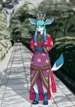  3_toes 4_fingers absurd_res anthro asian_clothing blue_body blue_eyes blue_hair blurred_background branch breasts clothing east_asian_clothing eeveelution feet female fingers flower footwear generation_4_pokemon glaceon green_body hair hands_in_front happy headgear headwear hi_res japanese_clothing kimono looking_at_viewer nintendo park plant pokemon pokemon_(species) pokemon_unite quake-1 raised_tail red_cape sandals shrub smile solo standing tail toes tree white_ears 