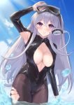  1girl arm_up armpit_cutout armpits azur_lane black_pantyhose blue_sky blush breasts casual_one-piece_swimsuit cleavage cleavage_cutout clothing_cutout cowboy_shot day enterprise_(azur_lane) goggles goggles_on_head grey_hair highres itaba_atsushi large_breasts lens_flare light_rays long_hair long_sleeves looking_at_viewer one-piece_swimsuit outdoors pantyhose parted_lips purple_eyes sky snorkel solo sunbeam sunlight swimsuit torn_clothes torn_pantyhose very_long_hair water 