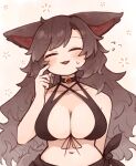  1girl animal_ear_fluff animal_ears bikini black_bikini blush breasts brooch brown_hair cleavage closed_eyes collarbone commentary highres imaizumi_kagerou jewelry kaginoni large_breasts long_hair long_sleeves motion_lines open_mouth solo swimsuit touhou upper_body wolf_ears 