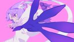  1girl animal_hood asymmetrical_arms bear_hood black_nails blue_eyes blush dragon_girl dragon_tail ember_(selen_tatsuki) head_wings heterochromia hood hoodie looking_at_viewer muzzle nijisanji nijisanji_en pako_(pakosun) pink_background purple_eyes purple_hair reaching reaching_towards_viewer selen_tatsuki selen_tatsuki_(3rd_costume) short_hair smile tail virtual_youtuber white_hoodie wings 