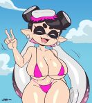 2023 5_fingers animal_humanoid big_breasts bikini breasts callie_(splatoon) cephalopod cephalopod_humanoid clothed clothing ear_piercing ear_ring eyes_closed facial_markings female fingers gesture head_markings hi_res humanoid inkling joaoppereiraus marine marine_humanoid markings mask_(marking) mollusk mollusk_humanoid nintendo open_mouth open_smile piercing pink_bikini pink_clothing pink_swimwear pseudo_hair ring_piercing smile solo splatoon swimwear tentacle_hair tentacles thick_thighs v_sign 