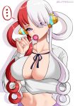  ... 1girl arm_under_breasts behind-the-head_headphones breasts candy collarbone elpipe_3000 eyes_visible_through_hair food hair_over_one_eye hair_rings hand_up headphones highres holding holding_candy holding_food holding_lollipop large_breasts lollipop long_hair looking_at_viewer midriff multicolored_hair navel one_piece one_piece_film:_red purple_eyes red_hair solo split-color_hair spoken_ellipsis stomach two-tone_hair upper_body uta_(one_piece) very_long_hair white_hair 