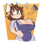  2022 2_horns airborne_object animal_humanoid bar_emanata big_breasts biped blush border bovid bovid_humanoid bovine bovine_humanoid breasts brown_eyes brown_hair button_(fastener) button_pop buxy cattle_humanoid cleavage clothed clothing colored digital_drawing_(artwork) digital_media_(artwork) ears_down emanata female glistening glistening_breasts glistening_hair hair hi_res horn horned_humanoid huge_breasts humanoid mammal mammal_humanoid pivoted_ears shirt simple_background solo standing tomi_(atticusmj) topwear unbuttoned wardrobe_malfunction white_border white_horn wide_eyed yellow_background 