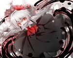 1girl absurdres ascot black_dress darkness dress fangs grey_background grey_hair hair_ribbon highres kinese_(katasutorohu) long_sleeves looking_at_viewer open_mouth outstretched_arms red_ascot red_eyes red_ribbon ribbon rumia short_hair solo touhou 