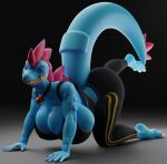  anthro big_breasts blue_body blue_eyes bra breasts butt cleavage clothed clothing collar fallen_angel_(artist) female feraligatr generation_2_pokemon hi_res nintendo pokemon pokemon_(species) raised_leg scalie simple_background solo tail underwear yuki_(evov1) yukigatr_(evov1) 