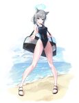  1girl absurdres animal_ear_fluff animal_ears bag beach black_one-piece_swimsuit blue_archive blue_eyes blue_sky breasts cloud competition_swimsuit covered_navel cross_hair_ornament day extra_ears grey_hair hair_ornament halo highres horizon keika_(otsukare) low_ponytail medium_breasts medium_hair mismatched_pupils multicolored_clothes multicolored_swimsuit ocean official_alternate_costume one-piece_swimsuit outdoors sandals shiroko_(blue_archive) shiroko_(swimsuit)_(blue_archive) sky solo standing swimsuit wolf_ears 