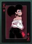  1girl ass bare_shoulders black_hair blue_eyes breasts card_(medium) closed_mouth dark-skinned_female dark_skin denim double_bun earrings english_commentary from_behind gert_(sam_&amp;_fuzzy) hair_bun highres hoop_earrings jeans jewelry king_(playing_card) king_of_diamonds long_sleeves looking_at_viewer no_bra original pants sam_&amp;_fuzzy sam_logan shirt smile solo undressing white_shirt 