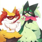  2girls absurdres animal_ear_fluff animal_ears animal_nose averting_eyes black_fur blush body_fur braixen cat_girl chromatic_aberration clothed_pokemon commentary_request cowboy_shot fang flat_chest fox_ears fox_girl fox_tail furry furry_female groin hands_up heart highres looking_to_the_side mask masquerade_mask meowscarada multicolored_fur multiple_girls neck_fur nervous_smile open_mouth partial_commentary paw_pose pawpads pokemon pokemon_(creature) raised_eyebrows red_eyes shy skin_fang smile snout standing stomach subaru331 tail white_fur yellow_fur 
