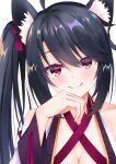  1girl :q absurdres animal_ear_fluff animal_ears bare_shoulders black_hair blush breasts cleavage closed_mouth criss-cross_halter eyelashes eyes_visible_through_hair hair_between_eyes hair_ribbon halterneck hand_to_own_mouth hand_up head_tilt heart heart_in_eye highres hoshikawa_kaguya japanese_clothes kiki0319i kimono large_breasts licking_lips long_hair long_sleeves looking_at_viewer red_eyes red_ribbon red_tassel ribbon side_ponytail sidelocks simple_background smile solo swept_bangs symbol_in_eye tenshi_souzou tongue tongue_out upper_body white_background white_kimono wide_sleeves 
