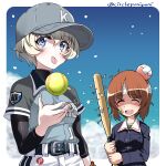  2girls absurdres bandaged_head bandages bandaid bandaid_on_face baseball_bat baseball_cap belt black_belt blue_eyes blue_headwear blue_jacket blue_shirt brown_hair closed_eyes commentary facing_another girls_und_panzer green_shirt grey_hair hat head_bump highres holding holding_baseball_bat inoue_yoshihisa jacket layered_sleeves long_sleeves looking_at_viewer military_uniform multiple_girls nail nail_bat nishizumi_miho ooarai_military_uniform open_mouth shirt short_hair short_over_long_sleeves short_sleeves shorts smile snowing softball softball_uniform sportswear textless_version twitter_username uniform white_shorts youko_(girls_und_panzer) 