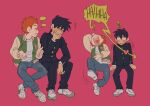  !? 2boys arrow_through_heart black_hair black_jacket black_pants blush closed_eyes commentary denim english_commentary freckles full_body gakuran green_jacket hand_on_own_face heart_on_chest jacket jeans kageyama_ritsu laughing letterman_jacket leunfer long_sleeves male_focus mob_psycho_100 multiple_boys open_clothes open_jacket open_mouth orange_hair pants pink_background school_uniform shirt shoes short_hair simple_background sitting smile sneakers suzuki_shou white_footwear white_shirt yaoi 