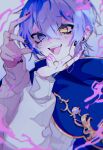  1boy absurdres black_nails blue_capelet blush capelet duncachi_(vtuber) ear_piercing earrings heterochromia highres indie_virtual_youtuber jewelry long_sleeves multiple_earrings open_mouth piercing purple_eyes purple_hair ring shiohh shirt smirk solo teeth virtual_youtuber white_shirt yellow_eyes 