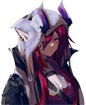  1girl anpoai arknights ascalon_(arknights) black_choker black_jacket chinese_commentary choker closed_mouth commentary_request demon_girl demon_horns ear_piercing ears_through_hood expressionless hair_over_one_eye highres hood hood_up hooded_jacket horns horns_through_hood jacket lips looking_at_viewer one_eye_covered piercing pointy_ears purple_eyes purple_hair purple_shirt shirt simple_background sketch solo teardrop_facial_mark upper_body white_background white_hood 