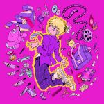  1boy aryll_(marbles) bag blonde_hair buttoned_cuffs cd cellphone converse cup desk eraser fingernails floating full_body hanazawa_teruki highres jacket knife levitation long_sleeves magazine_(object) male_focus mob_psycho_100 necktie pants paper phone pink_background psychic purple_jacket school_bag shirt shoelaces shoes smartphone smile socks teacup water white_socks 