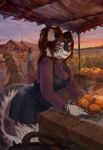  anthro apron avora_kuma cinnamon_bun clothing felid feline female festival festival_clothing food fruit harvest hi_res leopard mammal pantherine plant pumpkin purga_12 snow_leopard solo streamers sweater topwear 