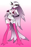  anthro avian beak breasts clothed clothing demon feathers female helluva_boss hi_res mature_female nipples panties partially_clothed pink_eyes pixelzsinful solo stella_(helluva_boss) thick_thighs underwear white_body white_feathers 