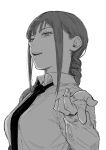  1girl absurdres braid breasts chainsaw_man collared_shirt commentary_request greyscale highres large_breasts makima_(chainsaw_man) monochrome necktie open_mouth profile ringed_eyes setouchi_mao shirt single_braid solo upper_body 