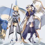  2girls absurdly_long_hair arknights armor banner black_dress black_thighhighs blonde_hair blue_eyes blue_hairband braid braided_ponytail closed_eyes commentary cosplay crossover dress fate/grand_order fate_(series) flag grape_(pixiv27523889) hairband highres holding holding_flag horns jeanne_d&#039;arc_(fate) jeanne_d&#039;arc_(ruler)_(fate) jeanne_d&#039;arc_(ruler)_(fate)_(cosplay) long_hair looking_at_viewer metal_hairband multiple_girls open_mouth pointy_ears saileach_(arknights) saileach_(arknights)_(cosplay) shadow smile standing thighhighs trait_connection twin_braids very_long_hair white_thighhighs 