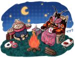  antennae blanket buzzwole campfire crescent cup eating fire firewood food goom_(goomyparty) highres holding holding_cup holding_food mug muscular no_humans oil_lamp on_chair pokedex_number pokemon pokemon_(creature) polka_dot polka_dot_background porygon proboscis red_eyes sandwich sitting star_(symbol) table twitter_username vileplume white_background 