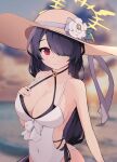  1girl absurdres asymmetrical_bangs black_hair blue_archive blurry breasts cleavage closed_mouth depth_of_field flower hair_over_one_eye halo hand_on_own_chest hat hat_flower highres hinata_(blue_archive) hinata_(swimsuit)_(blue_archive) large_breasts long_hair looking_at_viewer one-piece_swimsuit red_eyes rensy solo sun_hat swimsuit upper_body white_one-piece_swimsuit 