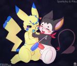  &lt;3 absurd_res anthro balls black_body blue_eyes blush bodily_fluids cuddling cum cumshot duo ejaculation emolga eyes_closed generation_1_pokemon generation_5_pokemon genital_fluids genitals hi_res male male/male nintendo one_eye_closed open_mouth penis pikachu pokemon pokemon_(species) senz smile tail tongue tongue_out white_body yellow_body 