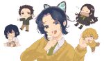  2girls 3boys agatsuma_zenitsu alice-avice baguette black_hair bread butterfly_hair_ornament chibi closed_eyes collared_shirt food food_in_mouth grey_eyes hair_ornament hashibira_inosuke highres kamado_nezuko kamado_tanjirou long_hair long_sleeves looking_at_another looking_at_viewer multiple_boys multiple_girls necktie oshino_shinobu pants purple_eyes purple_hair school_uniform shirt short_hair sleeping smile sweater white_shirt 