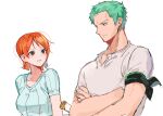  1boy armband bad_id bad_twitter_id blue_shirt brown_eyes commentary_request crossed_arms earrings green_armband green_hair jewelry joman katana korean_commentary looking_at_another nami_(one_piece) one_piece orange_hair roronoa_zoro shirt short_hair short_sleeves simple_background striped striped_shirt sword vertical-striped_shirt vertical_stripes weapon white_background white_shirt 