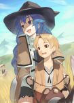  1girl 2boys akisa_yositake black_headwear blonde_hair blue_eyes blue_hair braid brown_cape brown_capelet brown_eyes cape capelet hat highres long_braid long_hair long_sleeves looking_to_the_side male_child mole mole_under_eye multiple_boys mushoku_tensei roxy_migurdia rudeus_greyrat short_hair smile twin_braids witch_hat 