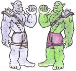  2007 abs armor bandolier barefoot bottomwear clothing duo feet green_body green_skin humanoid humanoid_pointy_ears male muscular muscular_male nipples noblekitty1_(artist) orc pecs shorts trassk tusks 