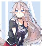  1girl arm_cutout black_camisole black_choker black_shirt blue_background blue_eyes blush border braid bright_pupils camisole character_name choker commentary_request crop_top floating_hair grey_hair hair_between_eyes hair_over_shoulder half-closed_eyes highres ia_(vocaloid) layered_shirt layered_sleeves long_bangs long_hair long_sleeves looking_at_viewer mai_mugi messy_hair off-shoulder_shirt off_shoulder outside_border parted_lips pleated_skirt red_skirt shirt short_over_long_sleeves short_sleeves signature skirt solo text_background twin_braids two-tone_background upper_body v_arms very_long_hair vocaloid watermark white_background white_border white_pupils 
