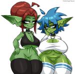  absurd_res big_breasts blue_hair bottomless breasts cleavage clothed clothing collar duo genitals goblin green_body green_skin hair hand_on_hip hi_res humanoid legwear not_furry pussy thick_thighs thigh_highs twistingtoxic 