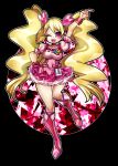  1girl arm_ribbon arm_up bag black_background blonde_hair boots commentary_request crystal cure_peach dress earrings flower flower_brooch fresh_precure! frills full_body hair_ornament hairclip heart heart_earrings heart_hair_ornament jewelry knee_boots long_hair looking_at_viewer magical_girl momozono_love pink_dress pink_eyes pink_footwear pointing pointing_up precure ribbon senmu_(0107) short_sleeves simple_background smile solo twintails very_long_hair wrist_cuffs 