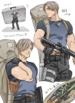  1boy assault_rifle backpack bag blue_eyes brown_hair commentary_request explosive fingerless_gloves frown gloves grenade gun holding holding_gun holding_suitcase holding_weapon holster leon_s._kennedy male_focus muscular muscular_male resident_evil resident_evil_4 resident_evil_4_(remake) rifle rocket_launcher rpg_(weapon) shoulder_holster smile suitcase tatsumi_(psmhbpiuczn) thigh_pouch translation_request trigger_discipline weapon 