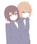  2girls blue_eyes blush brown_eyes brown_hair funami_yui hand_on_another&#039;s_shoulder jacket kamiki_uutarou minamino_tsubasa multiple_girls open_mouth shirt short_hair simple_background sketch track_jacket white_background white_shirt yuri yuru_yuri 