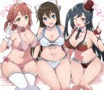  3girls adapted_costume anata_no_risou_no_heroine azuna_(love_live!) bikini breasts chase!_(love_live!) cleavage fingerless_gloves gloves highres jewelry looking_at_viewer love_live! love_live!_nijigasaki_high_school_idol_club multiple_girls necklace ousaka_shizuku pearl_necklace sitting swimsuit thighhighs uehara_ayumu wewe yume_e_no_ippo yuuki_setsuna_(love_live!) 