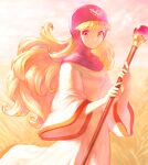  1girl blonde_hair dragon_quest dragon_quest_ii head_scarf highres holding holding_staff long_hair outdoors princess_of_moonbrook robe smile solo staff white_robe yuza 