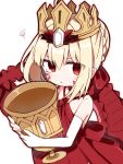  1girl blonde_hair braid braided_bun chibi commentary_request criss-cross_halter crown cup double-parted_bangs dress eyes_visible_through_hair facial_mark fate/grand_order fate_(series) hair_bun halterneck height_difference holding holding_cup holy_grail_(fate) jitome looking_at_viewer nero_claudius_(fate) queen_draco_(fate) rabiiandrain red_dress red_eyes short_hair solo squiggle tearing_up 