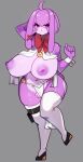  anthro big_breasts bottomwear breasts clothed clothing female grey_background hand_behind_back hi_res huge_breasts lagomorph legwear leporid loincloth mammal rabbit simple_background solo thigh_highs topless uenositasayuu 