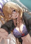  1girl black_cardigan blonde_hair blue_bra bra breasts cardigan cleavage commentary_request highres konoe_kanata large_breasts long_hair looking_at_viewer love_live! love_live!_nijigasaki_high_school_idol_club lying navel on_side one_eye_closed open_cardigan open_clothes open_mouth purple_eyes sasanon_(sasapoliton) solo teeth underwear upper_teeth_only 