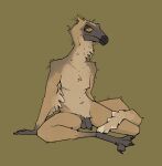  3_toes anthro beak claws dinosaur feathers feet foreskin gallimimus genitals hi_res looking_at_viewer male navel ornithomimid penis reptile sad scalie sharp_claws simple_background sitting solo tan_body theropod tired tired_eyes toes yellow_eyes zagz 