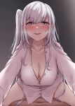  1boy 1girl absurdres blush bottomless breasts cleavage collarbone collared_shirt cowgirl_position dress_shirt fuyutsuki_(kancolle) girl_on_top grey_hair hetero highres implied_sex kantai_collection kiritto large_breasts long_hair long_sleeves looking_at_viewer one_side_up open_clothes pov sex shirt simple_background solo_focus straddling sweat tongue tongue_out very_long_hair white_hair white_shirt 
