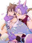  2boys :p animal_ears bare_shoulders bishounen brown_eyes brown_hair eiden_(nu_carnival) flower_tattoo fox_boy fox_ears gem heterochromia highres komekashi_kani kuya_(nu_carnival) leopard_boy leopard_ears leopard_tail long_sleeves looking_at_another looking_at_viewer male_focus mole mole_under_eye multiple_boys nu_carnival one_eye_closed pectorals purple_eyes purple_hair purple_nails round_eyewear short_hair tail tattoo tongue tongue_out yaoi yellow_eyes 