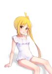  1girl bare_arms bare_legs blonde_hair bocchi_the_rock! covered_navel feet_out_of_frame highres ijichi_nijika kuramoto_takato long_hair looking_at_viewer one-piece_swimsuit one_side_up red_eyes simple_background sitting solo swimsuit tongue tongue_out white_background white_one-piece_swimsuit 