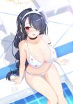  1girl arm_support bare_legs bikini black_choker black_hair blue_archive blush breasts choker cleavage collarbone floral_print hair_over_one_eye hairband halo highres hinata_(blue_archive) large_breasts looking_at_viewer nao_(naobinarydigit) nose_blush open_mouth pool poolside print_bikini red_eyes sitting smile solo swimsuit thighs white_bikini white_hairband 