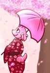  absurd_res anthro asian_clothing cherry_blossom clothing duvessa ears_up east_asian_clothing falling_leaves female hair hi_res japanese_clothing kimono lagomorph leporid looking_up mammal parasol pattern_clothing pink_hair pink_sky plant rabbit rear_view solo tree yukkimons 