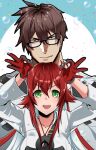  brown_hair couple glasses green_eyes guilty_gear guilty_gear_strive hands_up highres husband_and_wife jack-o&#039;_valentine jewelry kusu_(moo1225) looking_at_viewer muscular necklace pectorals red_hair sol_badguy 