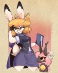  anthro bell biped bottomwear breasts cc-by-nc-sa clothed clothing creative_commons dipstick_ears duo eyewear female feral glasses hair hi_res holding_object honowyn lagomorph leporid mammal multicolored_ears rabbit skirt tail 
