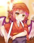  1girl animal_ears bird_ears bird_wings blush brown_headwear brown_kimono fingernails hair_between_eyes head_scarf highres japanese_clothes kimono long_fingernails mouth_hold mystia_lorelei nail_polish okamisty pink_hair pink_wings r-grey4 red_nails sharp_fingernails short_hair short_sleeves solo tasuki touhou upper_body wings yellow_eyes 