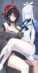  2girls armpits bare_legs black_choker black_hair black_kimono blue_archive breasts choker cleavage extra_ears feet_out_of_frame fingernails flat_chest grey_hair hair_ornament hair_stick halo haori highres japanese_clothes kimono kokuriko_(blue_archive) large_breasts lenku_ass long_hair looking_at_viewer multiple_girls nagusa_(blue_archive) nail_polish red_eyes school_uniform serafuku simple_background sitting sitting_on_person smile straight_hair very_long_hair 